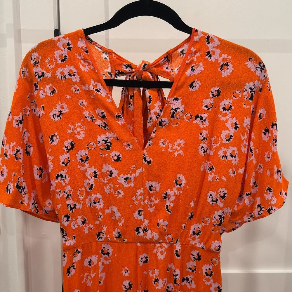 Whistles Vibrant Orange Floral Print Midi Dress, Size 2